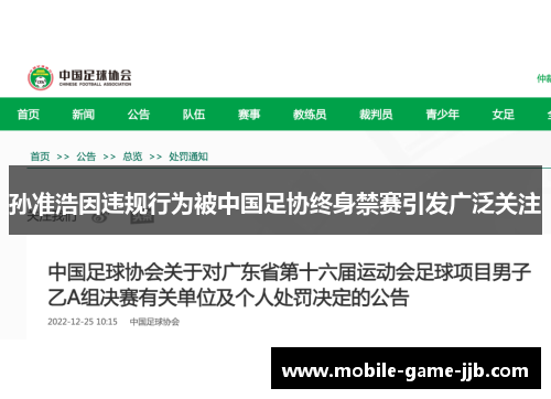 孙准浩因违规行为被中国足协终身禁赛引发广泛关注 孙准浩因违规行为被中国足协终身禁赛引发广泛关注